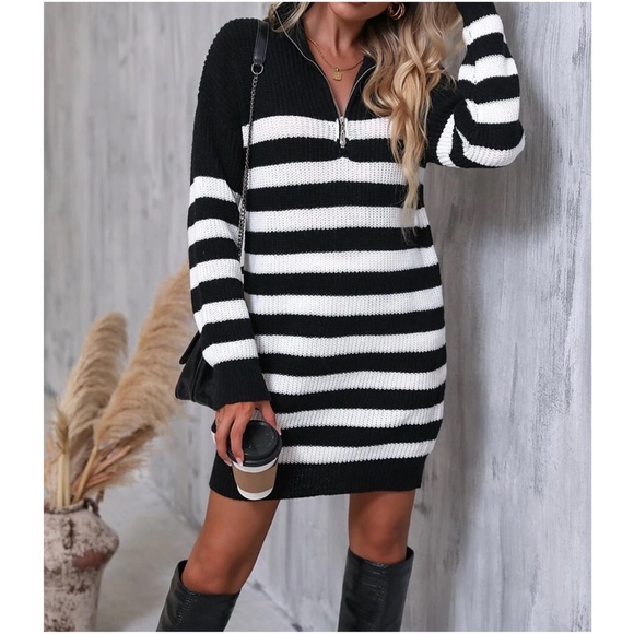 Cozy Color Block Stripes Zipper Sweater Dress - Picture 10 of 12